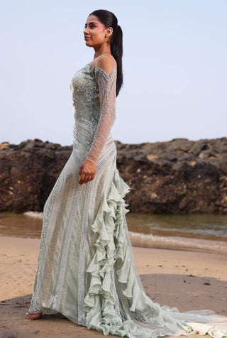 Mint green coral embroidered gown