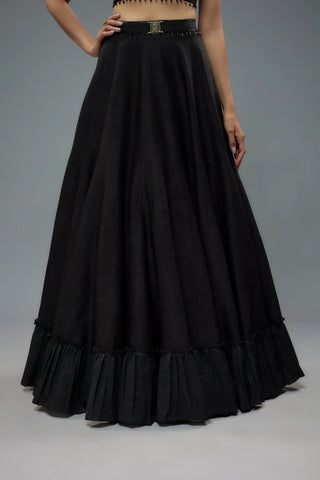 Black ruffle blouse with raw silk lehenga