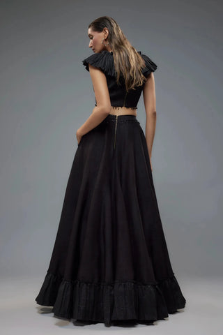 Black ruffle blouse with raw silk lehenga