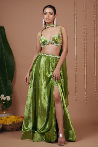 Lehenga set for Indian Wedding – Bright Green Velvet by AHI Clothing