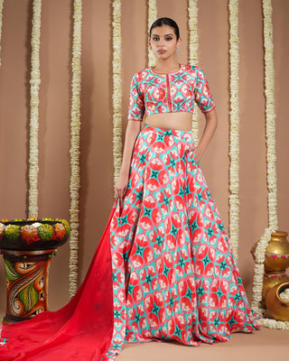 Red tile printed avyanna lehenga set