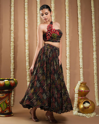 Black printed avyanna drape top and skirt set