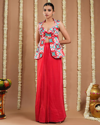 Red tile printed coat avyanna drape skirt set