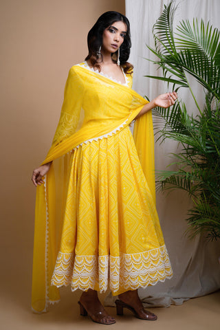 Yellow sitara bandhani digital print anarkali set
