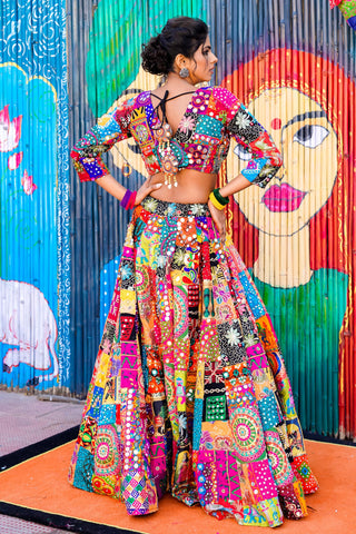 Lehenga Set Bohemian Wear - Multicolor Patchwork Lehenga Set by Banjara Trail