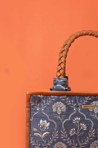 Blue jharokha embroidered handbag