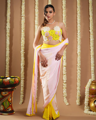 Yellow & pink flower avyanna pre-draped saree