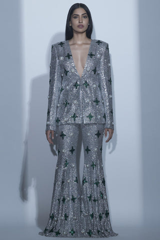 Silver bralet with jacket and sharara