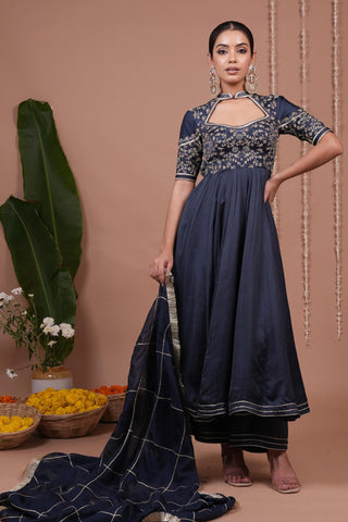 Anarkali suit for Indian Wedding – Navy Blue Silk Satin by AHI Clothing