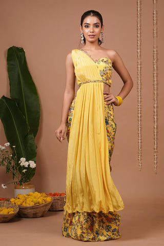Saree dress for Indian Wedding – Yellow Printed by AHI Clothing