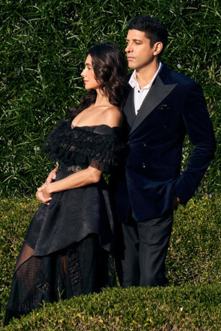 Blue velvet peak lapel double breasted tuxedo set