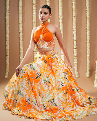 Orange printed corset drape indo avyanna lehenga set
