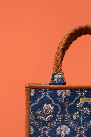 Blue jharokha thread embroidered handbag