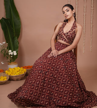 Lehenga set for Indian Wedding – Maroon Halter Neck by AHI Clothing