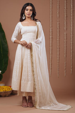 Anarkali suit for Indian Wedding – Ivory Chikankari by AHI Clothing
