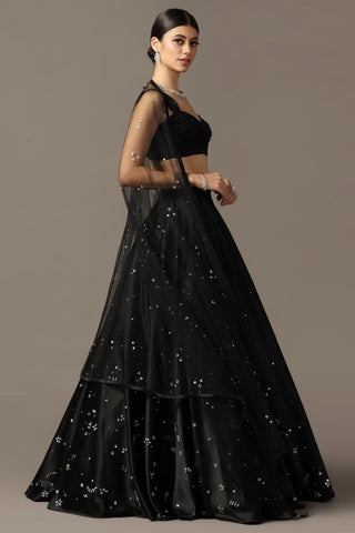 Black satin lehenga set with draped blouse