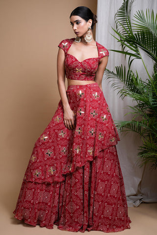 Red sitara bandhani digital print indo lehenga set