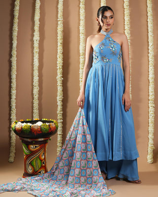 Blue avyanna halter neck anarkali set