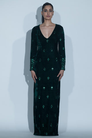 Green fitted sleeve maxi gown