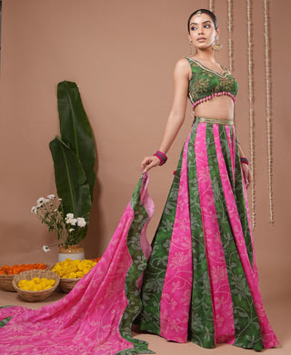 Lehenga set for Indian Wedding – Green Pink Bandhani Floral by AHI Clothing