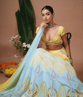 Lehenga set for Indian Wedding – Yellow Firozi Printed by AHI Clothing