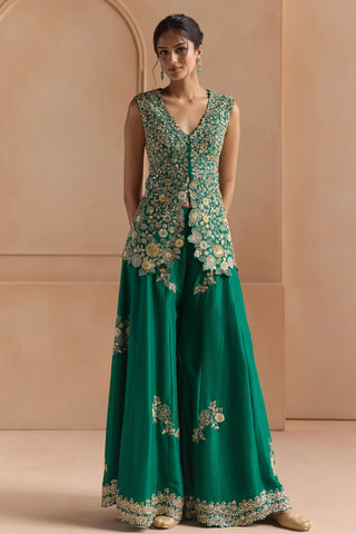 Sharara Set for Indian Wedding - Green Off The Record Embroidered Peplum Garara Set by Osaa by Adarsh at Mrs. G