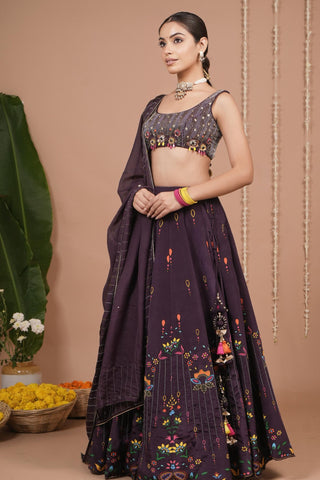 Lehenga set for Indian Wedding – Dark Purple Printed by AHI Clothing