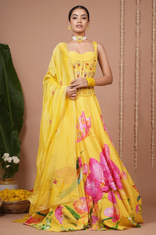 Lehenga set for Indian Wedding – Mustard Floral Corset Heavy by AHI Clothing