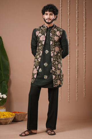 Kurta set for Indian Wedding – Olive Green Heavy Sheer Jacket by AHI Clothing