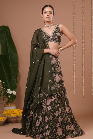 Organza lehenga for Indian Wedding – Olive Green Floral Printed by AHI Clothing