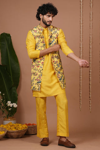 Kurta pajama set for Indian Wedding – Yellow Printed Open Jacket by AHI Clothing