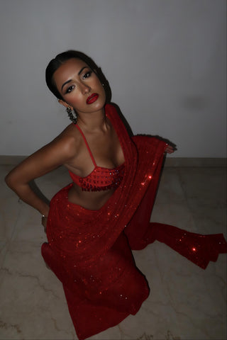Red crimson jewel saree set