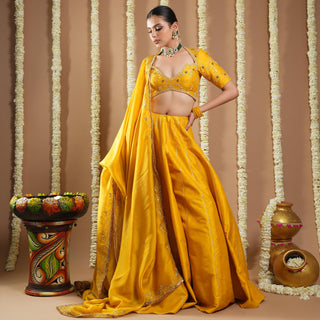Mustard yellow heavy slub avyanna lehenga set