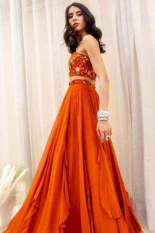 Rust orange panelled lehenga set