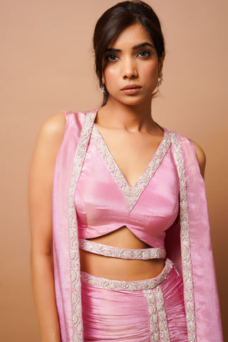 Pink shimmer draped skirt and cape set