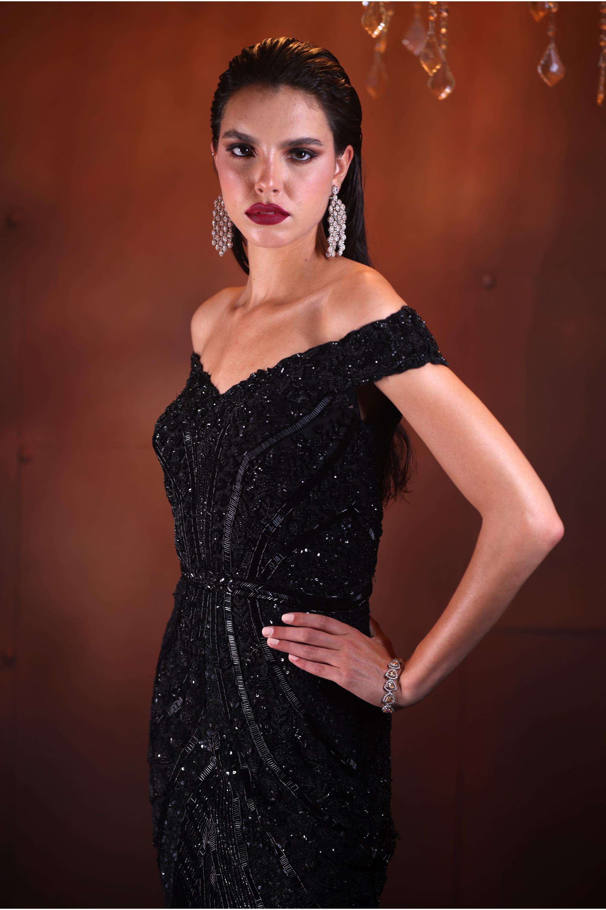 Black off-shoulder embroidered gown - Bhawna Rao | Mrs. G M / Black / women Black off-shoulder embroidered gown - Bhawna Rao | Mrs. G M / Black / women