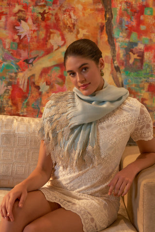Stole Indian Wedding - Blue Leafy Sparkle Royal Fine Merino Wool by Mauli