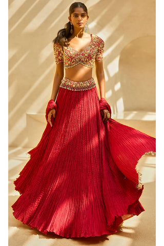 Crushed Lehenga Set Indian Wedding Red Festive by Tamanna Punjabi Kapoor