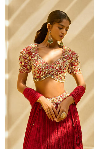 Crushed Lehenga Set Indian Wedding Red Festive by Tamanna Punjabi Kapoor