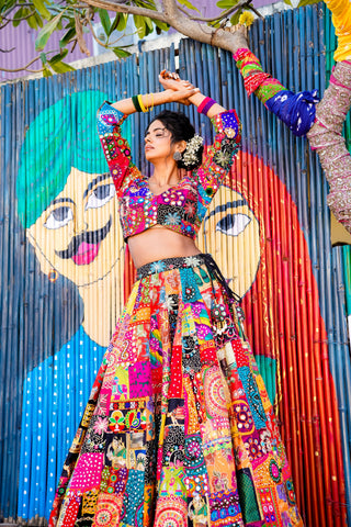 Lehenga Set Bohemian Wear - Multicolor Patchwork Lehenga Set by Banjara Trail