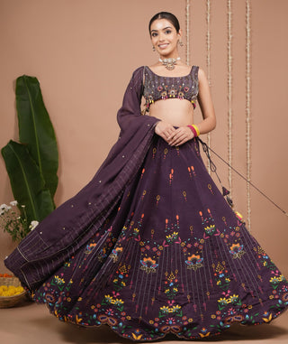 Lehenga set for Indian Wedding – Dark Purple Printed by AHI Clothing