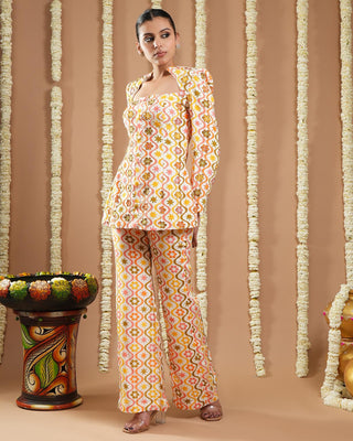 Off white multicolor printed avyanna coat & pant set
