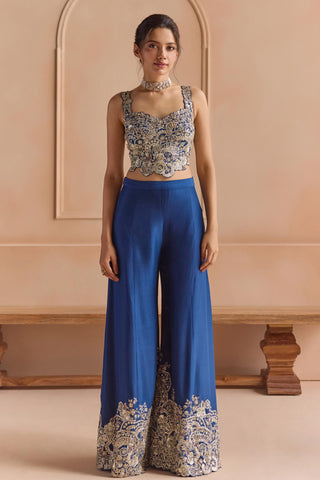 Peplum Jacket Set for Indian Wedding - Blue Off The Record Embroidered Top and Garara Set by Osaa by Adarsh at Mrs. G

