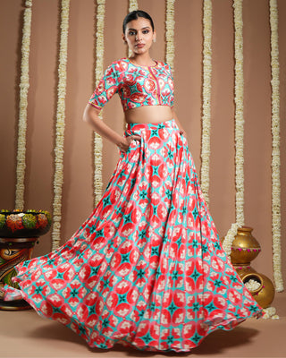 Red tile printed avyanna lehenga set