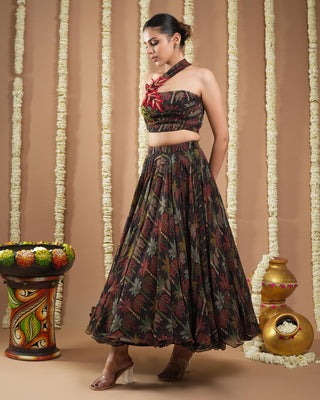 Black printed avyanna drape top and skirt set