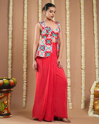 Red tile printed coat avyanna drape skirt set