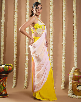Yellow & pink flower avyanna pre-draped saree