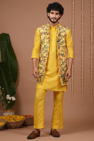 Kurta pajama set for Indian Wedding – Yellow Printed Open Jacket by AHI Clothing