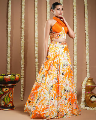 Orange printed corset drape indo avyanna lehenga set