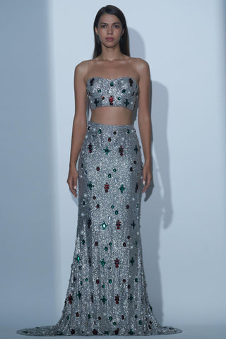 Silver bustier with high-waisted skirt set